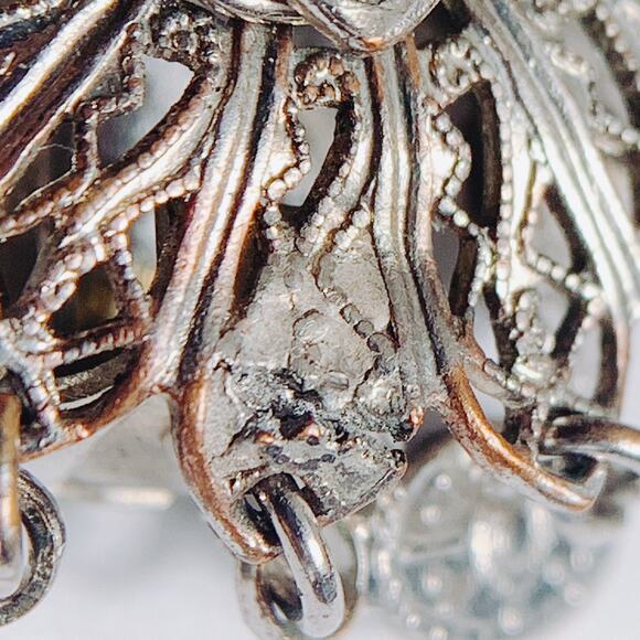 Vintage Mid Century Silver Tone Filigree Dangle Charm Tassel Clip On Earrings - Picture 6 of 12